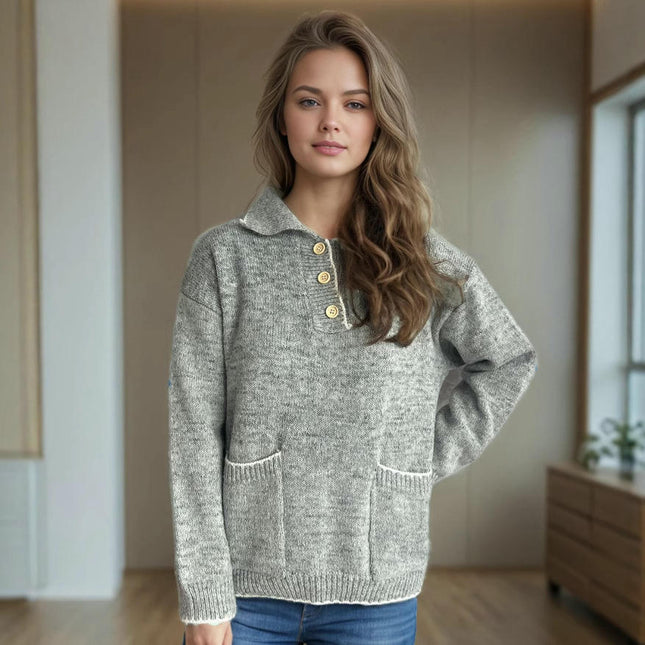 Contrast Color Women's Knitted Sweater Long Sleeve Lapel Pocket Pullover