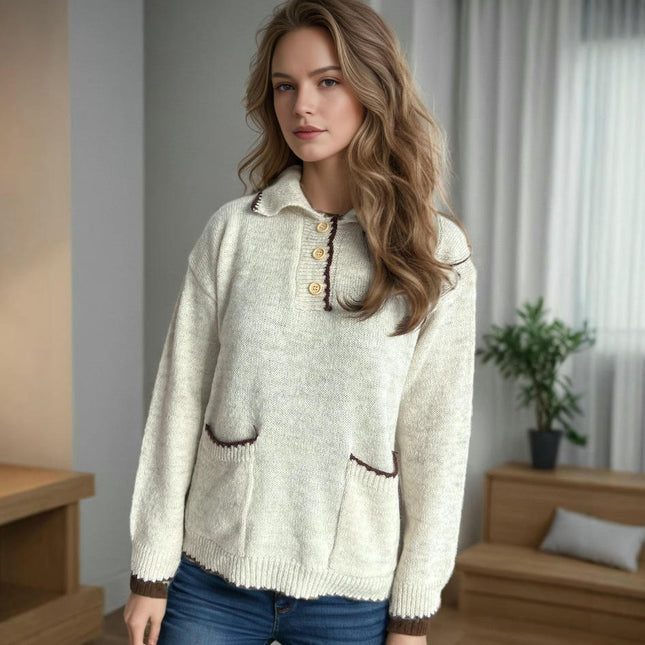 Contrast Color Women's Knitted Sweater Long Sleeve Lapel Pocket Pullover