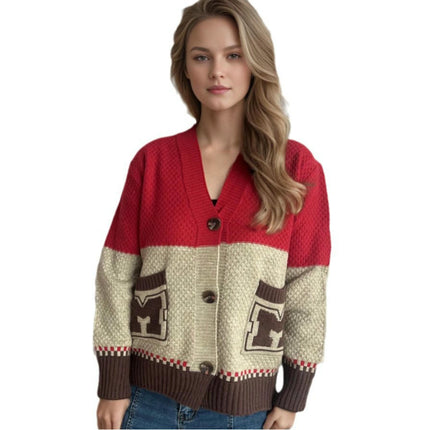 V Neck Contrast Color Knit Cardigan Women's Long Sleeve Pocket Casual Sweater Jacket