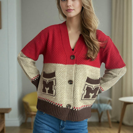 V Neck Contrast Color Knit Cardigan Women's Long Sleeve Pocket Casual Sweater Jacket