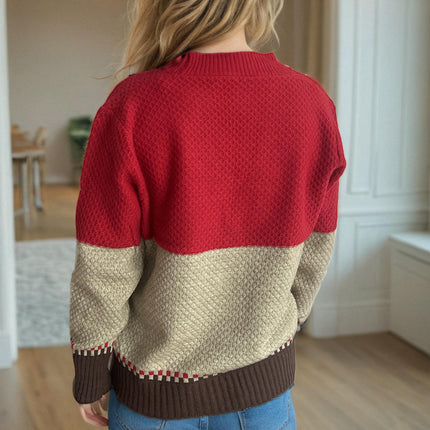 V Neck Contrast Color Knit Cardigan Women's Long Sleeve Pocket Casual Sweater Jacket