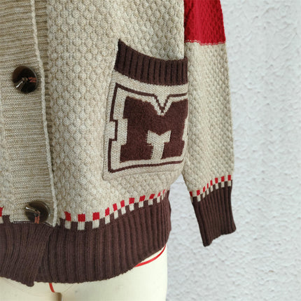 V Neck Contrast Color Knit Cardigan Women's Long Sleeve Pocket Casual Sweater Jacket