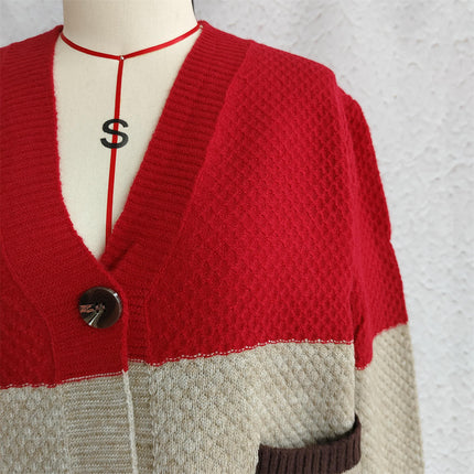 V Neck Contrast Color Knit Cardigan Women's Long Sleeve Pocket Casual Sweater Jacket