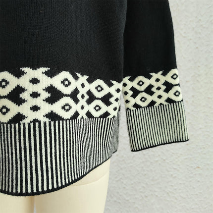 Women's Warm Colorblock Jacquard Knitted Sweater Round Neck Long Sleeve Casual Pullover