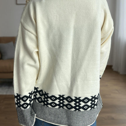 Women's Warm Colorblock Jacquard Knitted Sweater Round Neck Long Sleeve Casual Pullover