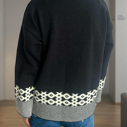 Women's Warm Colorblock Jacquard Knitted Sweater Round Neck Long Sleeve Casual Pullover