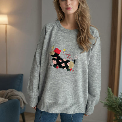 Puppy Embroidery Knitted Women's Sweater Round Neck Casual Long Sleeve Pullover