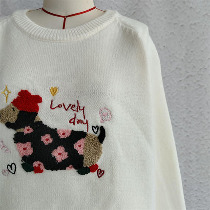Puppy Embroidery Knitted Women's Sweater Round Neck Casual Long Sleeve Pullover