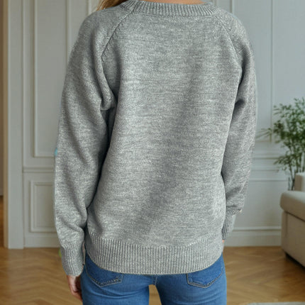 Puppy Embroidery Knitted Women's Sweater Round Neck Casual Long Sleeve Pullover