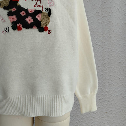 Puppy Embroidery Knitted Women's Sweater Round Neck Casual Long Sleeve Pullover