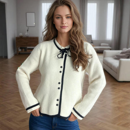 Lace-up Bowknot Women's Sweater Round Neck Casual Long Sleeve Knitted Cardigan