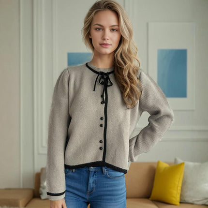 Lace-up Bowknot Women's Sweater Round Neck Casual Long Sleeve Knitted Cardigan