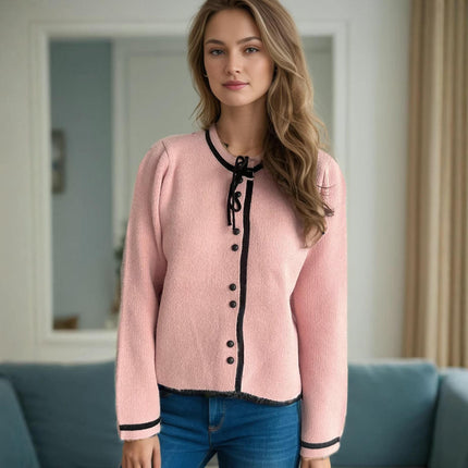 Lace-up Bowknot Women's Sweater Round Neck Casual Long Sleeve Knitted Cardigan
