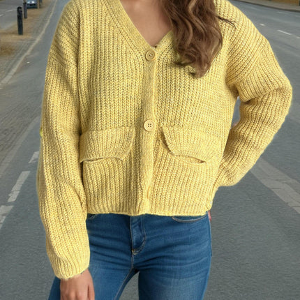 Women's Casual Solid Color Cardigan V-Neck Cropped Knitted Long Sleeve Pocket Sweater