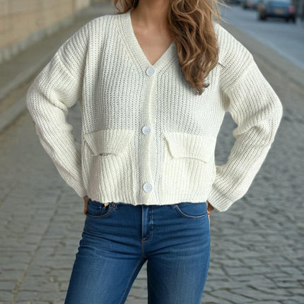 Women's Casual Solid Color Cardigan V-Neck Cropped Knitted Long Sleeve Pocket Sweater