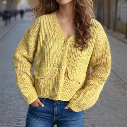 Women's Casual Solid Color Cardigan V-Neck Cropped Knitted Long Sleeve Pocket Sweater