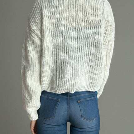 Women's Casual Solid Color Cardigan V-Neck Cropped Knitted Long Sleeve Pocket Sweater