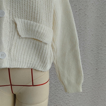 Women's Casual Solid Color Cardigan V-Neck Cropped Knitted Long Sleeve Pocket Sweater