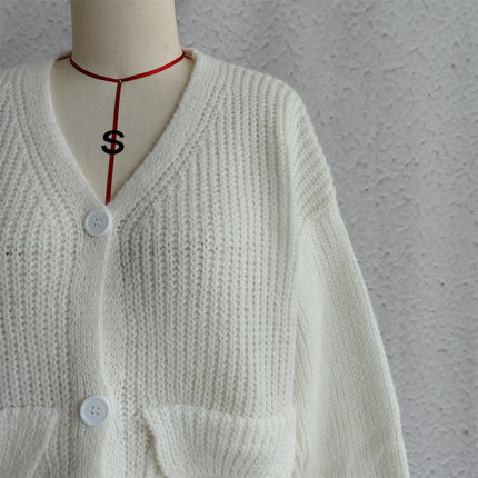 Women's Casual Solid Color Cardigan V-Neck Cropped Knitted Long Sleeve Pocket Sweater