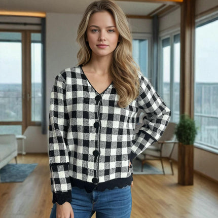 Women's Colorblock Plaid Knitted Sweater V-Neck Casual Long Sleeve Button Cardigan