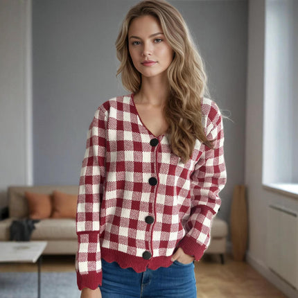 Women's Colorblock Plaid Knitted Sweater V-Neck Casual Long Sleeve Button Cardigan