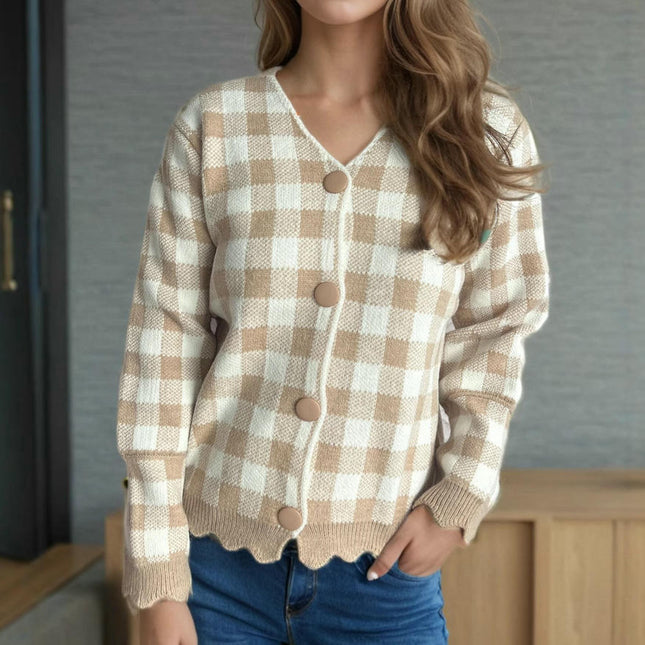 Women's Colorblock Plaid Knitted Sweater V-Neck Casual Long Sleeve Button Cardigan