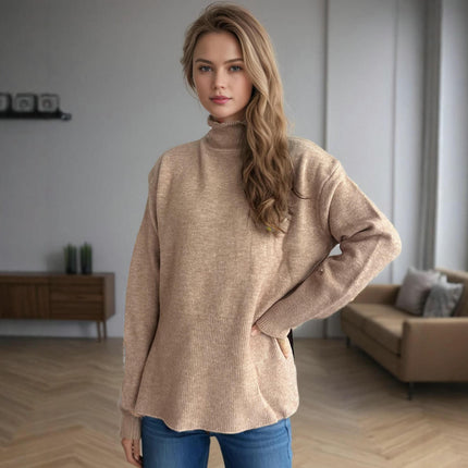 Winter Polka Dot Contrast Color Knitted Pullover High Neck Slit Long Sleeve Sweater