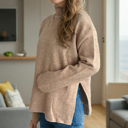 Winter Polka Dot Contrast Color Knitted Pullover High Neck Slit Long Sleeve Sweater