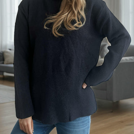 Winter Polka Dot Contrast Color Knitted Pullover High Neck Slit Long Sleeve Sweater