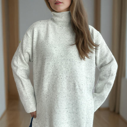 Winter Polka Dot Contrast Color Knitted Pullover High Neck Slit Long Sleeve Sweater