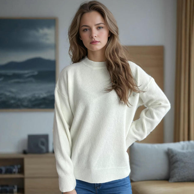 Round Neck Solid Color Casual Loose Women's Sweater Retro Warm Pullover
