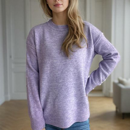 Round Neck Solid Color Casual Loose Women's Sweater Retro Warm Pullover