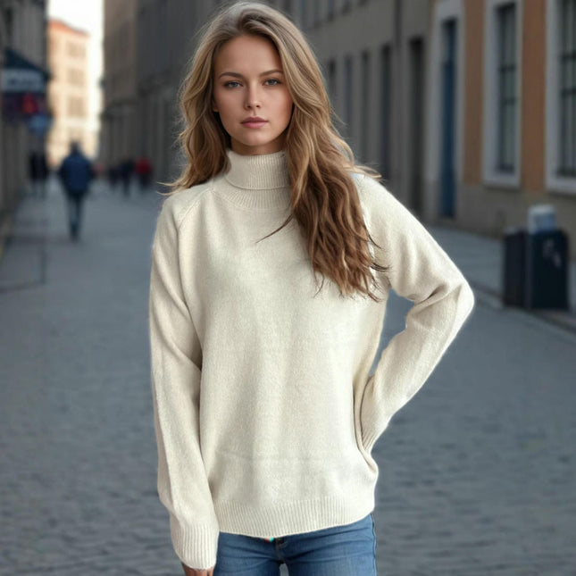 Women's Solid Color Sweater Turtleneck Casual Loose Long Sleeve Knitted Pullover