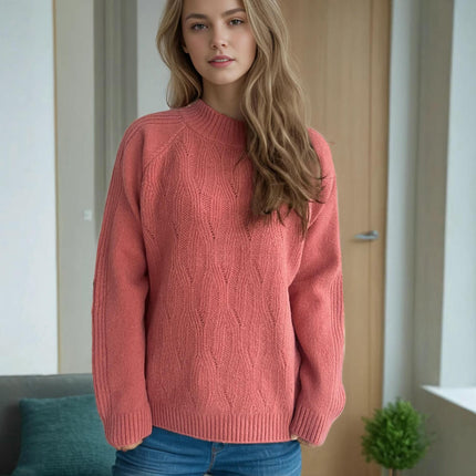 Solid Color Hollow Knit Sweater Round Neck Casual Chic Long Sleeve Pullover