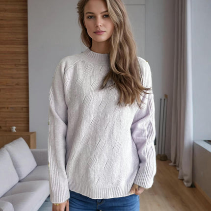 Solid Color Hollow Knit Sweater Round Neck Casual Chic Long Sleeve Pullover