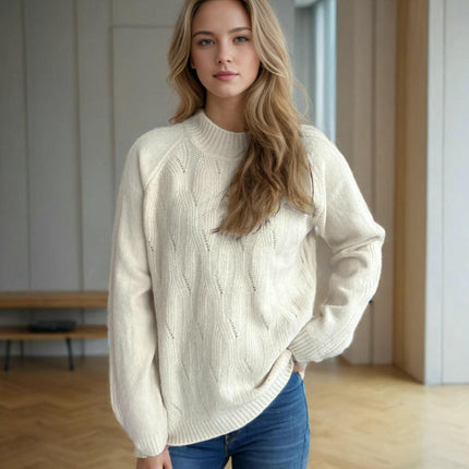 Solid Color Hollow Knit Sweater Round Neck Casual Chic Long Sleeve Pullover
