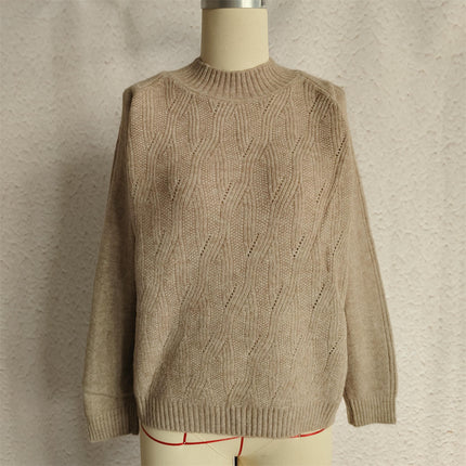 Solid Color Hollow Knit Sweater Round Neck Casual Chic Long Sleeve Pullover