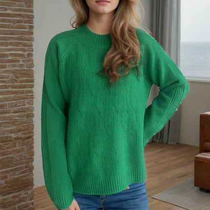 Solid Color Hollow Knit Sweater Round Neck Casual Chic Long Sleeve Pullover