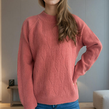 Solid Color Hollow Knit Sweater Round Neck Casual Chic Long Sleeve Pullover