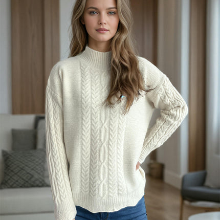 Women's Cable Knit Sweater Round Neck Solid Color Long Sleeve Casual Pullover