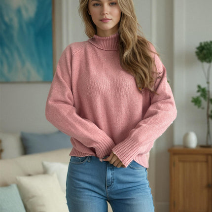Contrast Color Dot Women's Sweater Turtleneck Long Sleeve Casual Pullover Cardigan