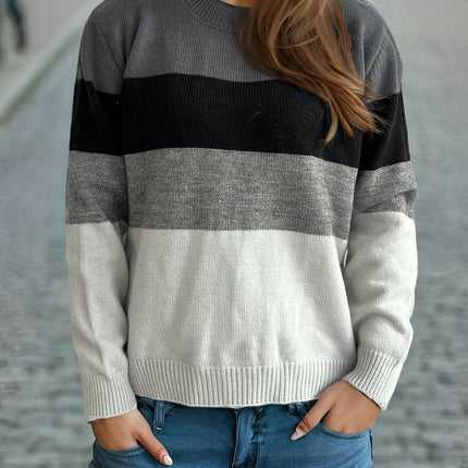Women's Casual Round Neck Sweater Wide Striped Contrast Color Long Sleeve Pullover