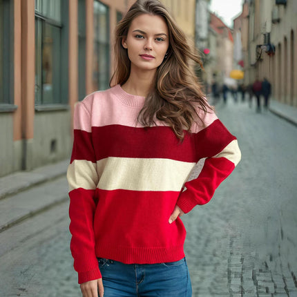 Women's Casual Round Neck Sweater Wide Striped Contrast Color Long Sleeve Pullover