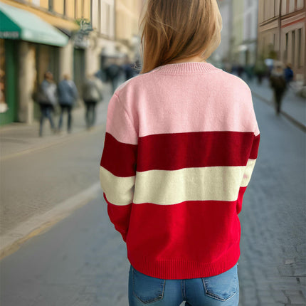 Women's Casual Round Neck Sweater Wide Striped Contrast Color Long Sleeve Pullover