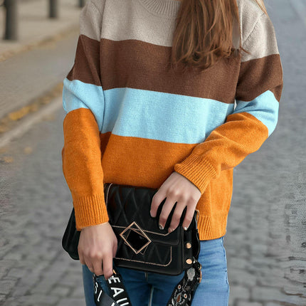 Women's Casual Round Neck Sweater Wide Striped Contrast Color Long Sleeve Pullover