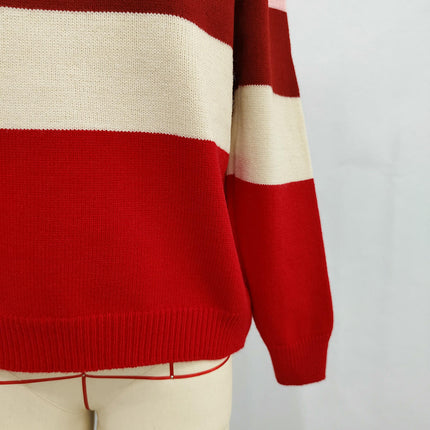 Women's Casual Round Neck Sweater Wide Striped Contrast Color Long Sleeve Pullover