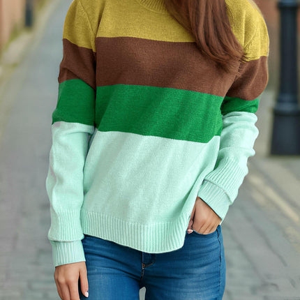 Women's Casual Round Neck Sweater Wide Striped Contrast Color Long Sleeve Pullover