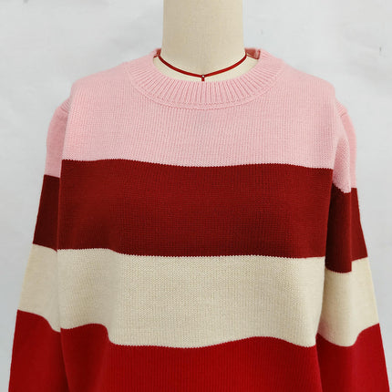 Women's Casual Round Neck Sweater Wide Striped Contrast Color Long Sleeve Pullover