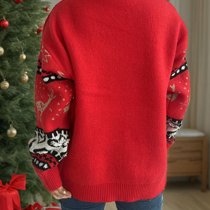 Christmas Colorblock Jacquard Pullover Round Neck Long Sleeve Striped Women's Sweater