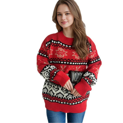 Christmas Colorblock Jacquard Pullover Round Neck Long Sleeve Striped Women's Sweater